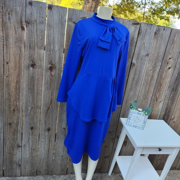 Women's Tie Neck Peplum Waist Long Sleeve Bodycon Business Midi Dress With Bow - Picture 3 of 6